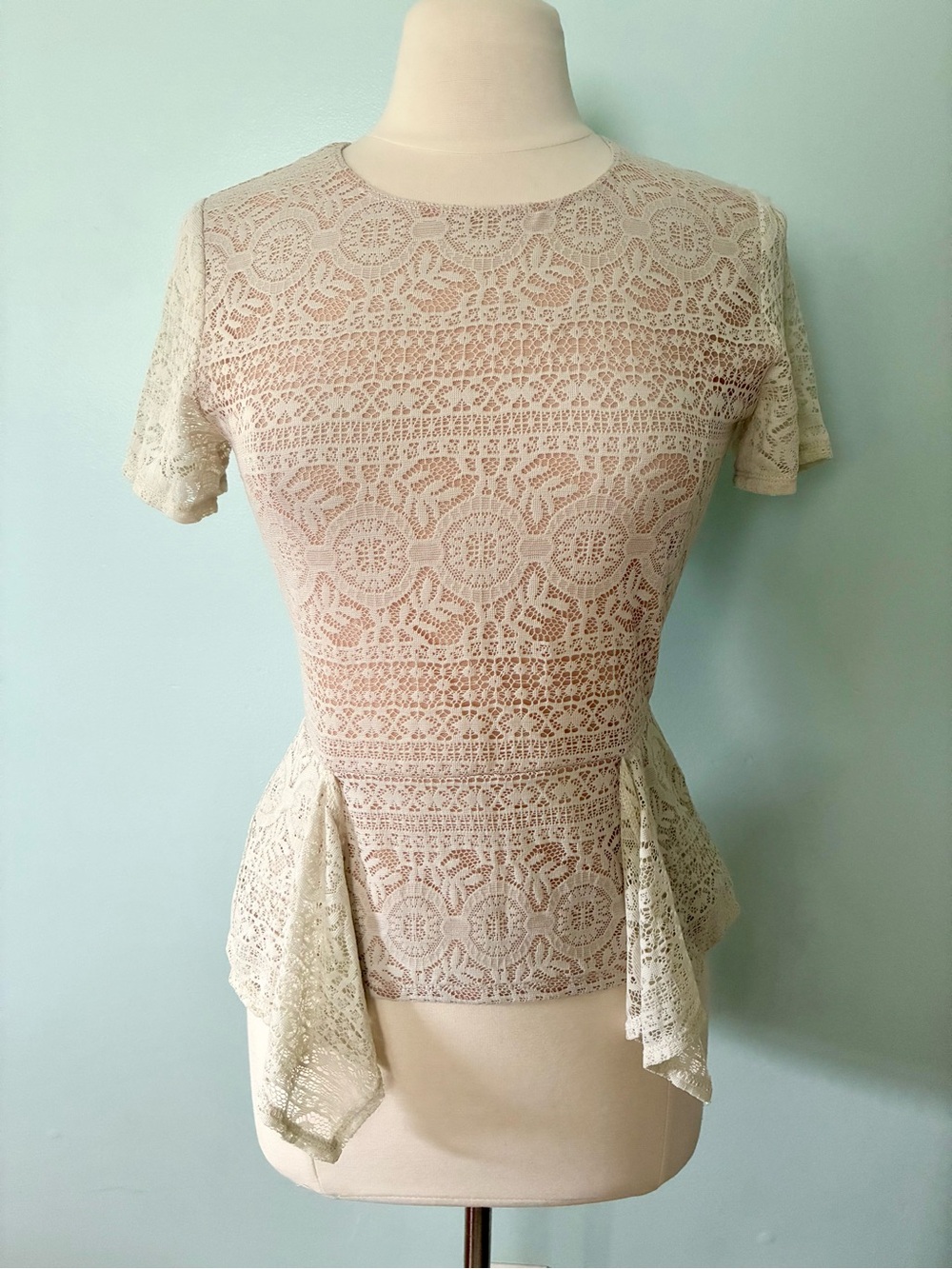 BCBGMaxAzria Lace Peplum Ruffle Trim Blouse